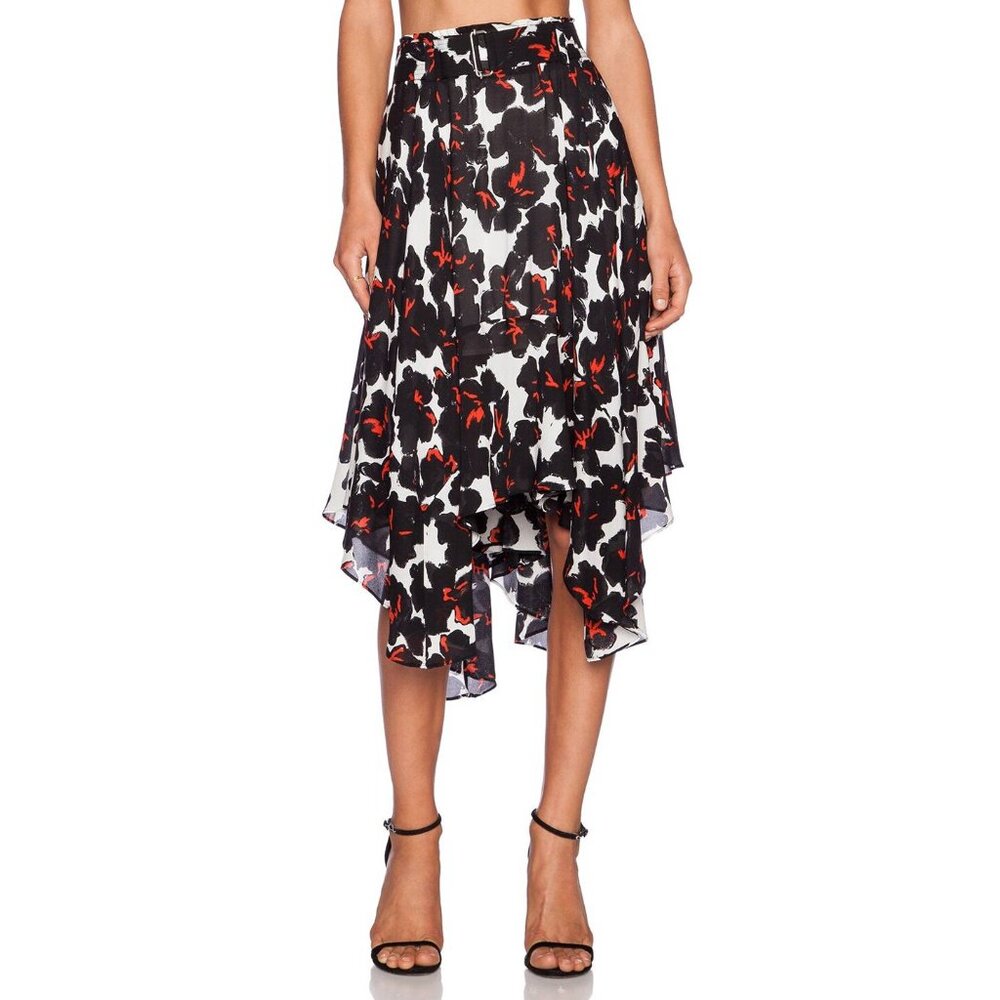 A.L.C. White & Black Bias Silk Painted Floral Skirt